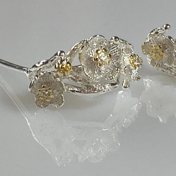 Silver Plated Copper Cherry Blossom Branch Earrings - Picture 6 of 6